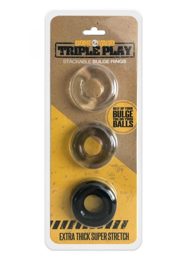 Bone Yard Triple Play Stackable Bulge Cock Rings Assorted Colors 3 Each Pack.