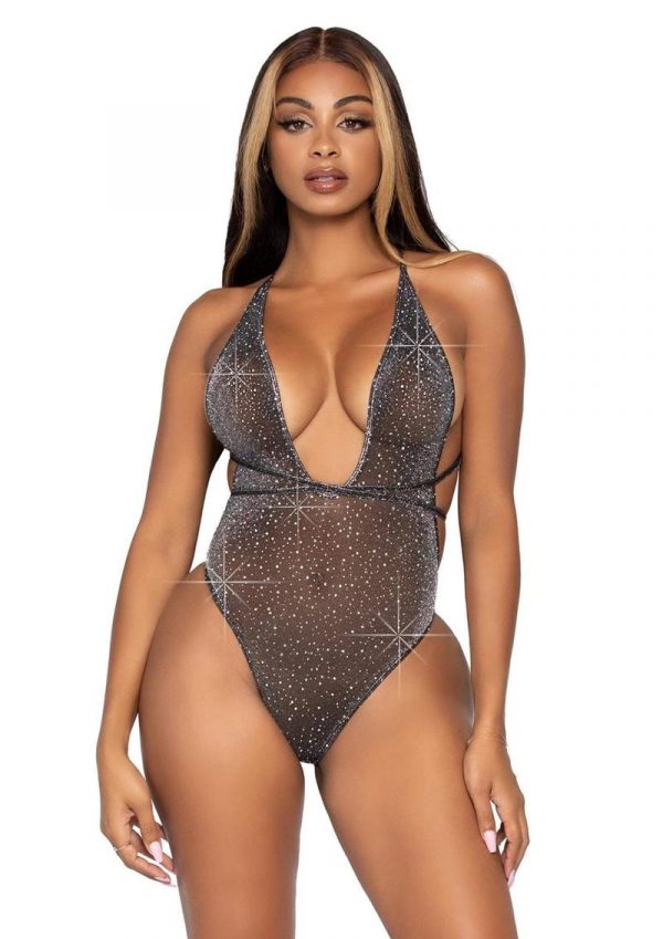 Leg Avenue Shimmer Sheer Lurex Rhinestone Bodysuit With Thong Back And Convertible Wrap-Around Straps - O/S - Black/Silver