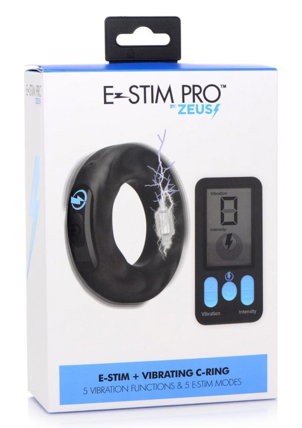 Zeus Vibrating andamp; E-Stim Silicone Rechargeable Cock Ring With Remote Control - Black