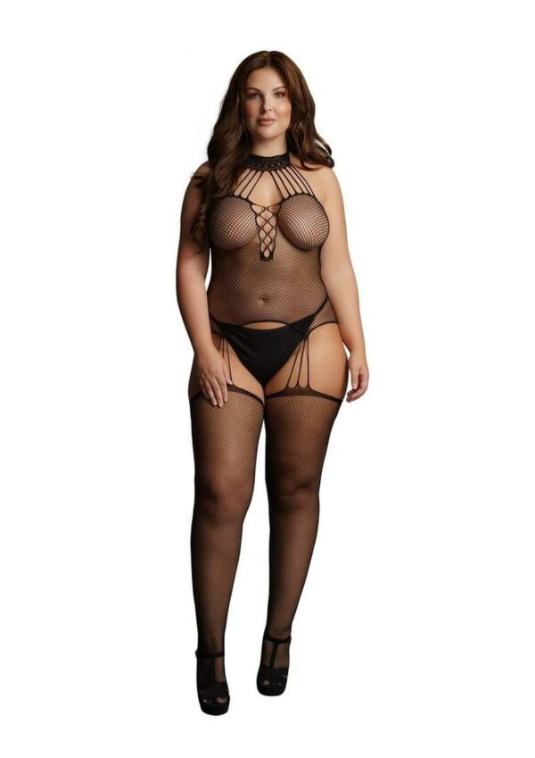 Le Desir Suspender Fishnet Choker Bodystocking - Queen - Black