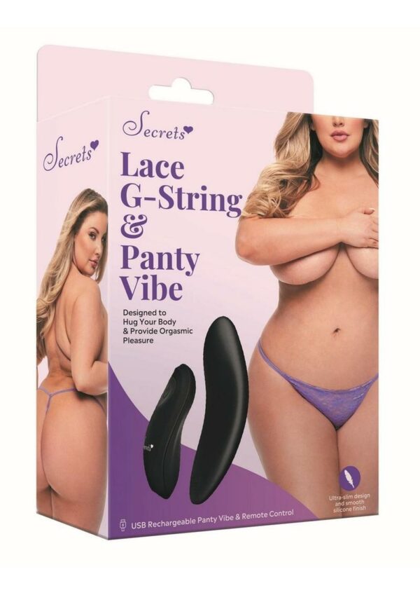 Secrets Rechargeable Silicone Lace G-String and Panty Vibe - Queen - Purple