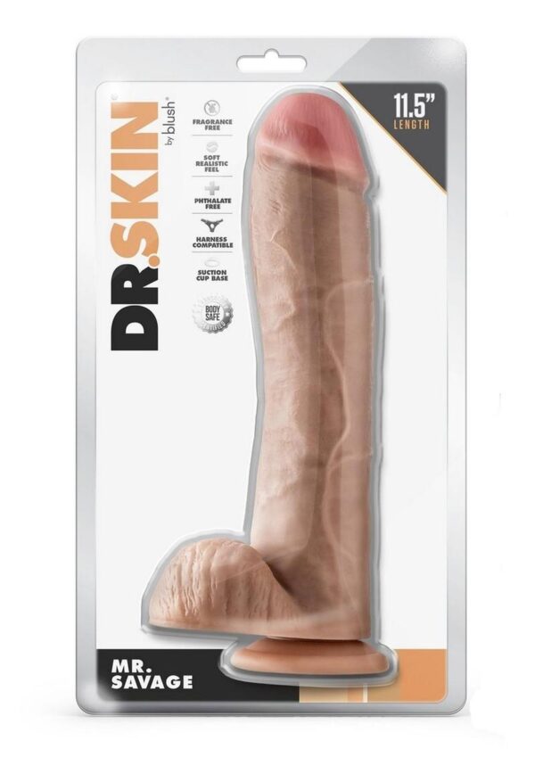 Dr. Skin Mr. Savage Dildo with Balls and Suction Cup 11.5in - Vanilla