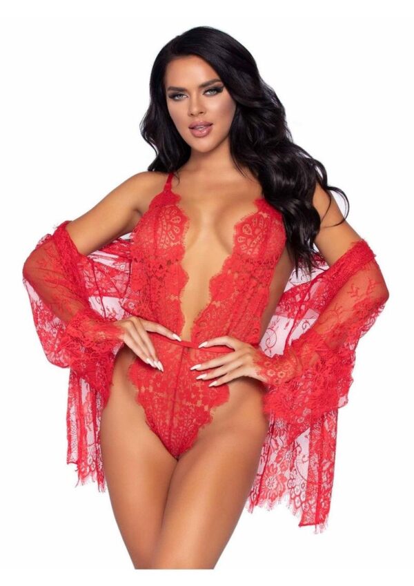 Leg Avenue Floral Lace Teddy with Adjustable Straps and Cheeky Thong Back Matching Lace Robe with Scalloped Trim and Satin Tie - Medium - Red