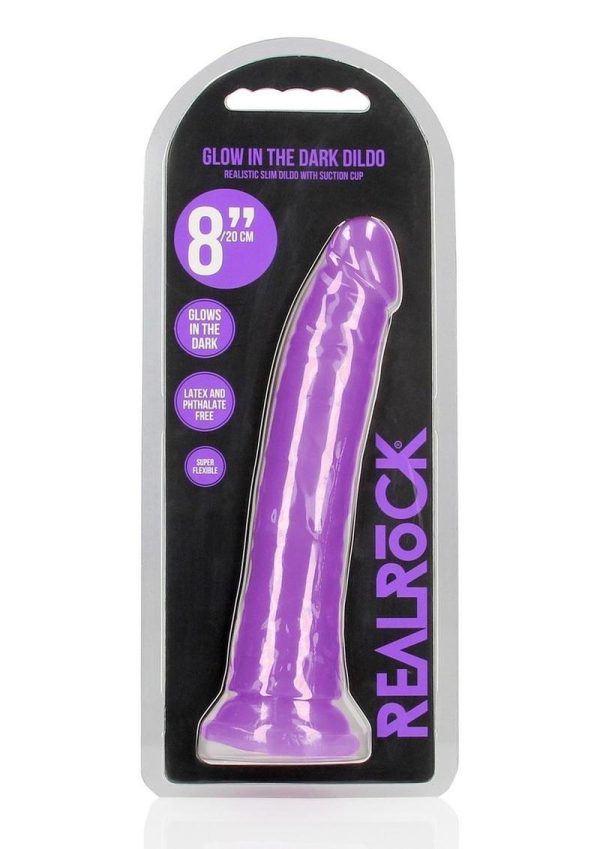 RealRock Slim Glow in the Dark Dildo with Suction Cup 8in - Purple